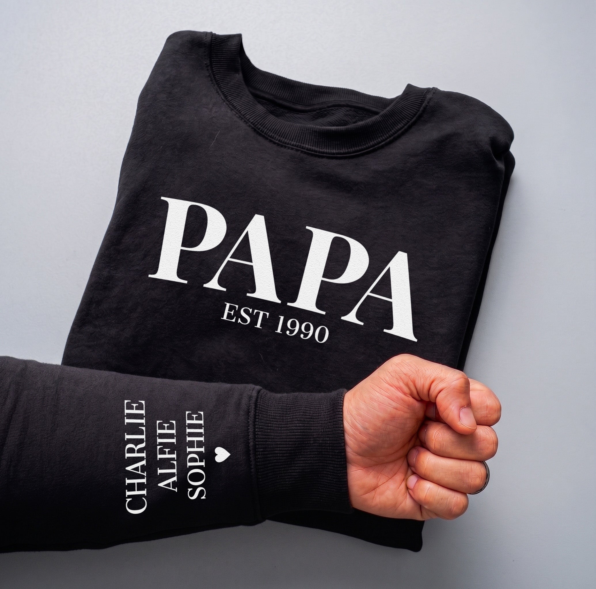 PERSONALISED Dad, Papa or Daddy Design Est & Sleeve Name Print - Dad Sweater & Hoodie