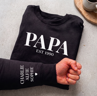 PERSONALISED Dad, Papa or Daddy Design Est & Sleeve Name Print - Dad Sweater & Hoodie