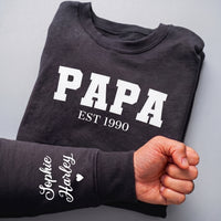 PERSONALISED Dad, Papa or Daddy Varsity Style Design Est & Sleeve Name Print - Dad Sweater & Hoodie