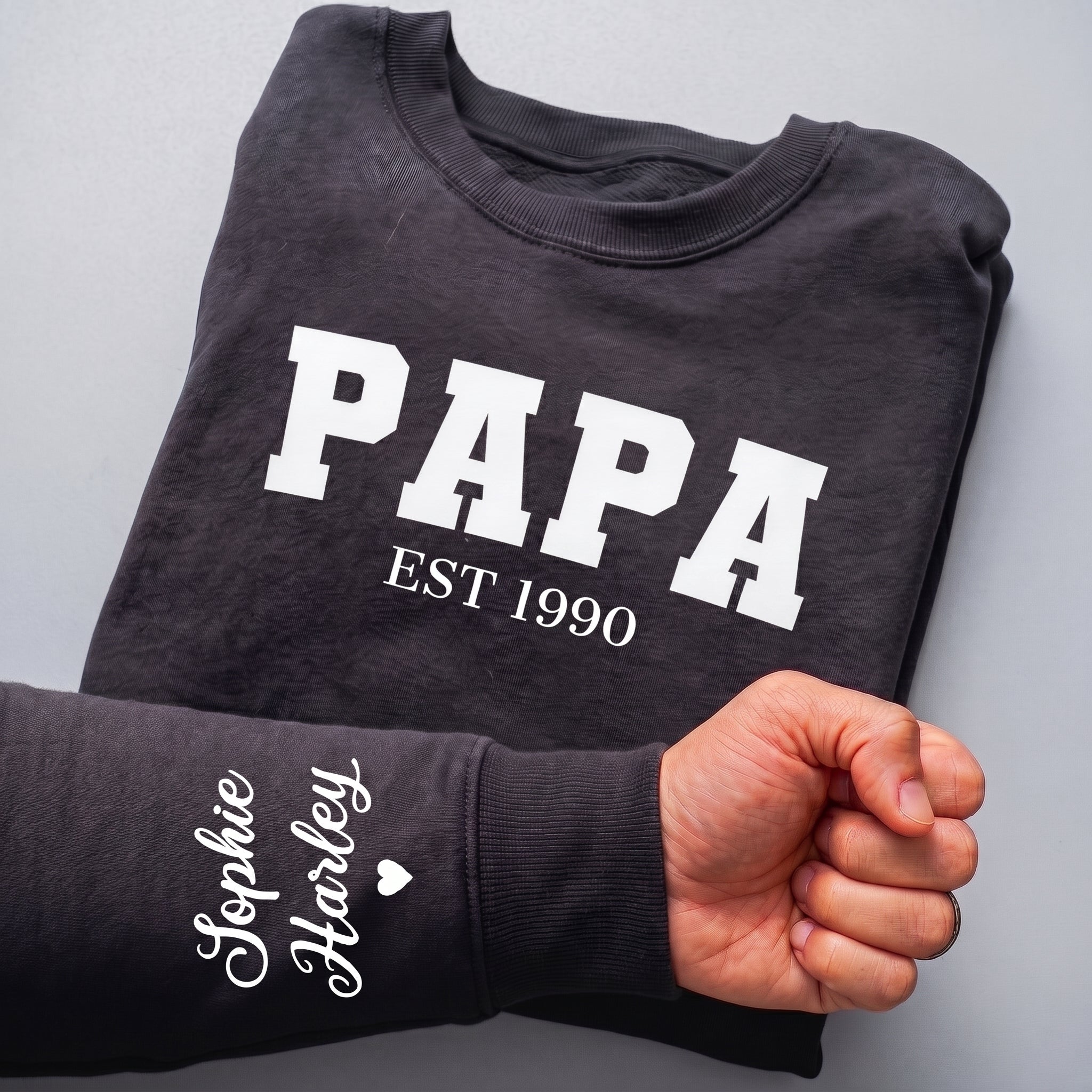 PERSONALISED Dad, Papa or Daddy Varsity Style Design Est & Sleeve Name Print - Dad Sweater & Hoodie