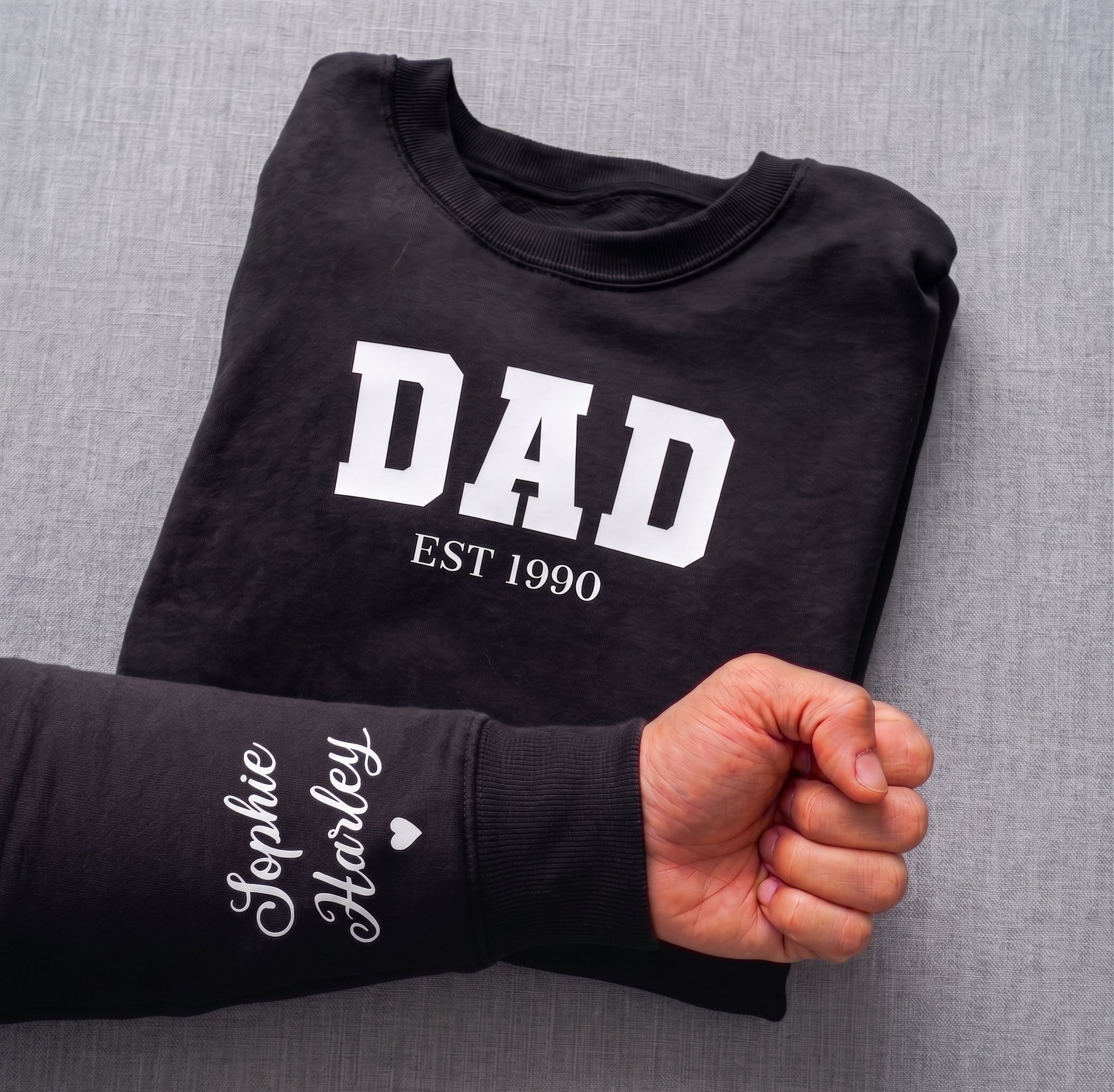 PERSONALISED Dad, Papa or Daddy Varsity Style Design Est & Sleeve Name Print - Dad Sweater & Hoodie