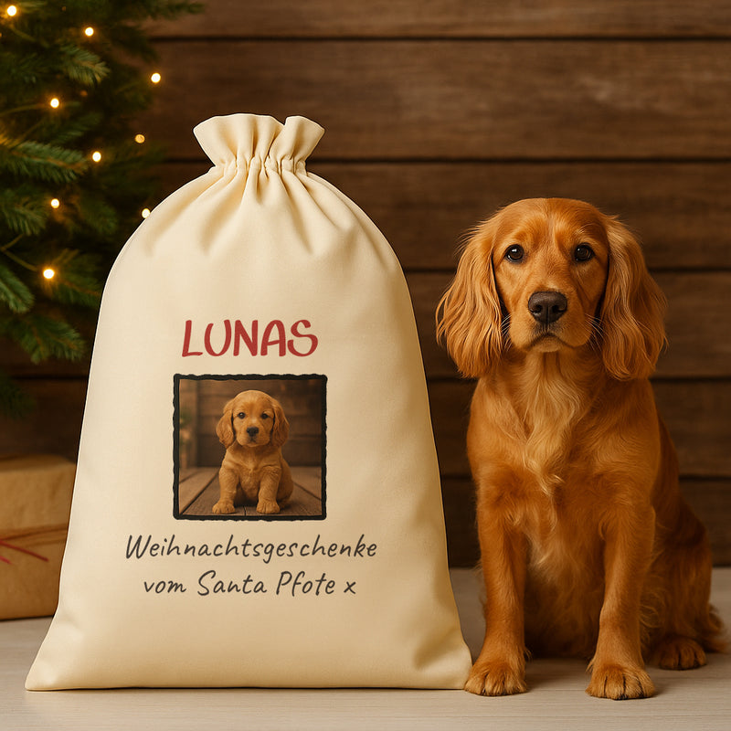 Personalisierte Weihnachtsgeschenke mit Foto und Namen von Santa Paws – Weihnachtssack