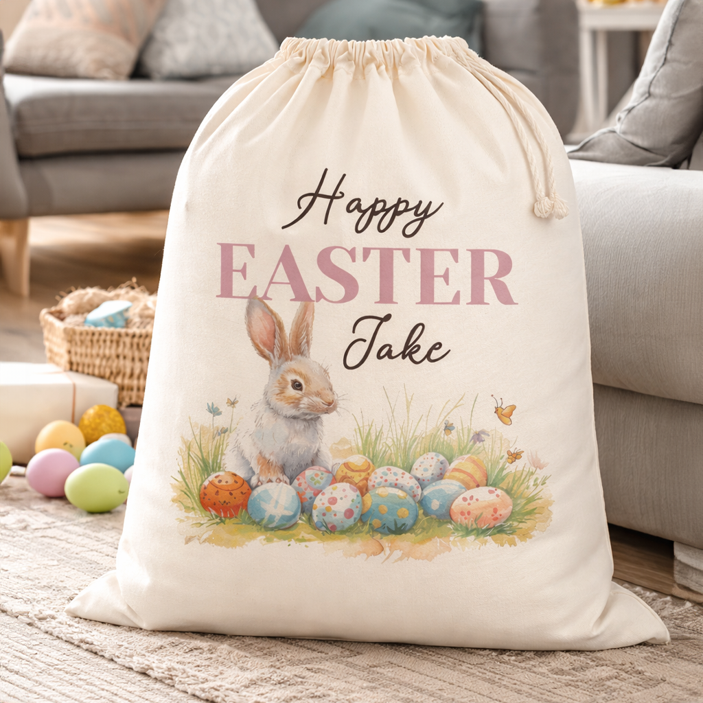 PERSONALISED Happy Easter & Name - Bunny & Eggs - Easter Gift Sack
