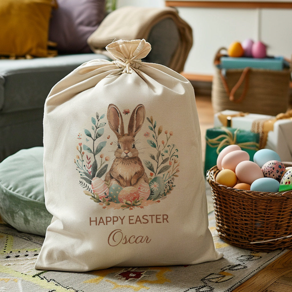 PERSONALISED Happy Easter & Name - Floral Design - Easter Gift Sack