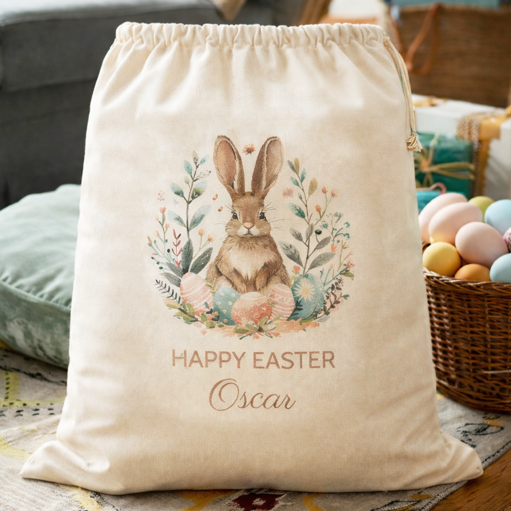 PERSONALISED Happy Easter & Name - Floral Design - Easter Gift Sack