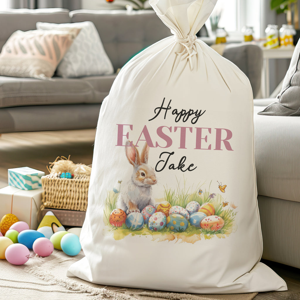 PERSONALISED Happy Easter & Name - Bunny & Eggs - Easter Gift Sack