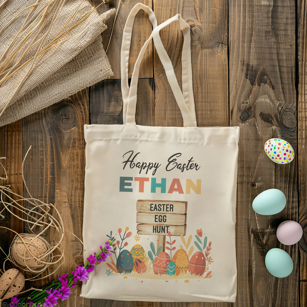 PERSONALISED Happy Easter & Easter Egg Hunt Name - Canvas Tote Bag