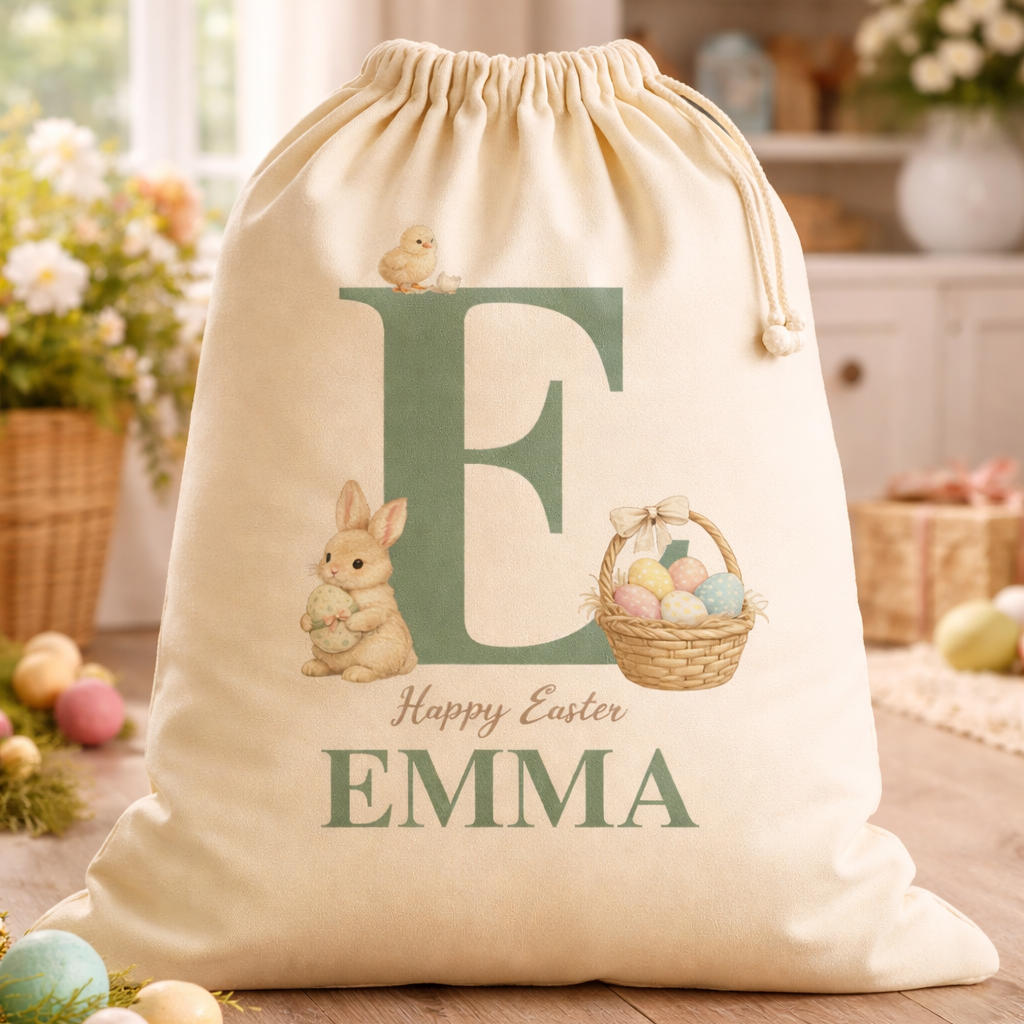 PERSONALISED Happy Easter Initial & Name - Bunny Basket & Chick - Easter Gift