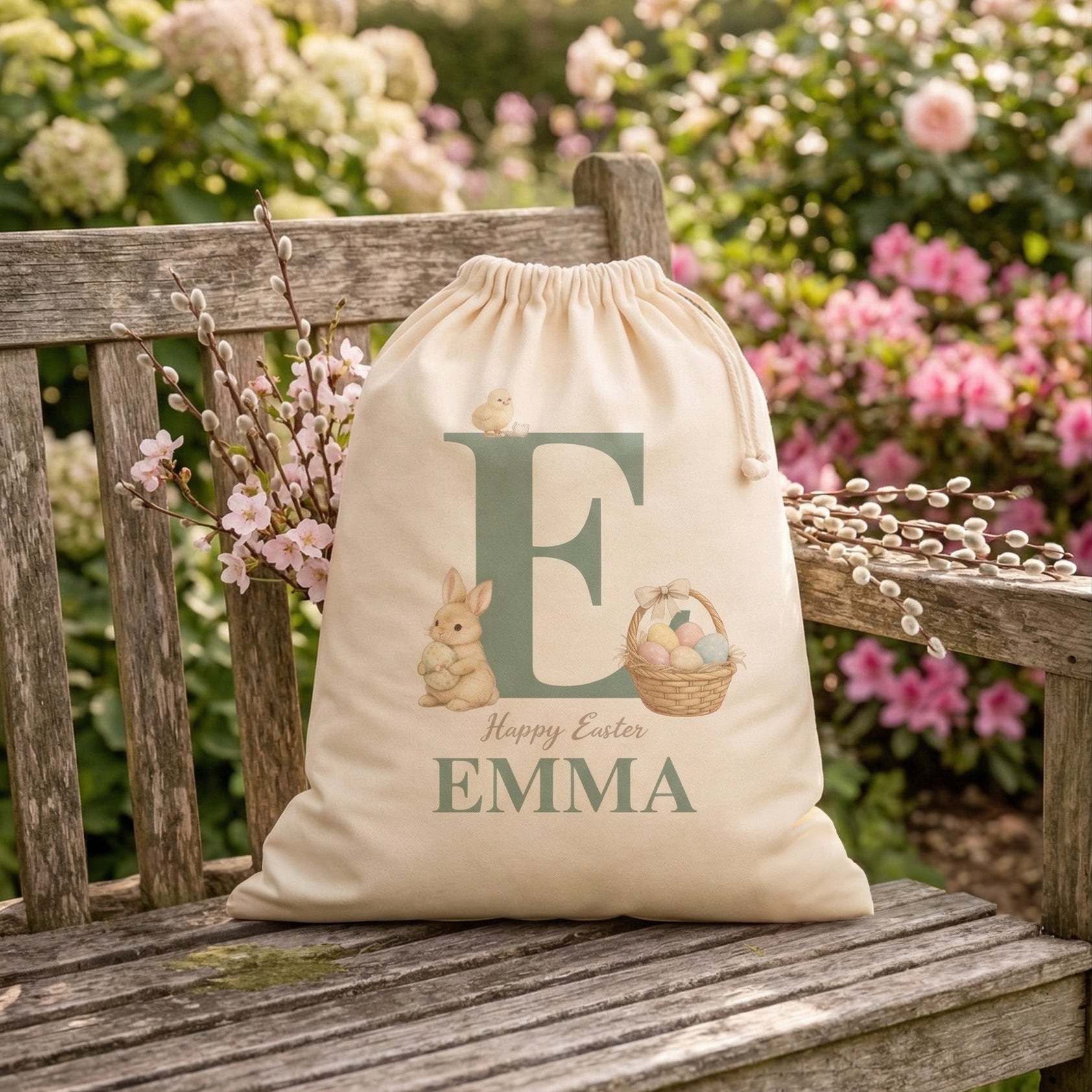 PERSONALISED Happy Easter Initial & Name - Bunny Basket & Chick - Easter Gift