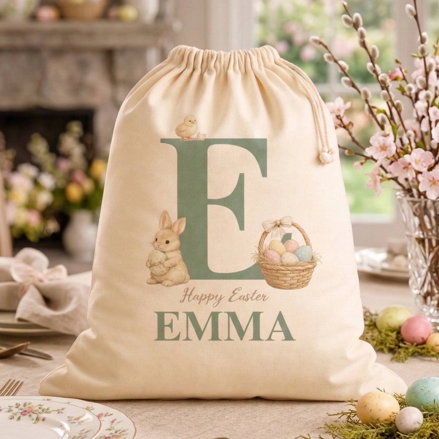 PERSONALISED Happy Easter Initial & Name - Bunny Basket & Chick - Easter Gift