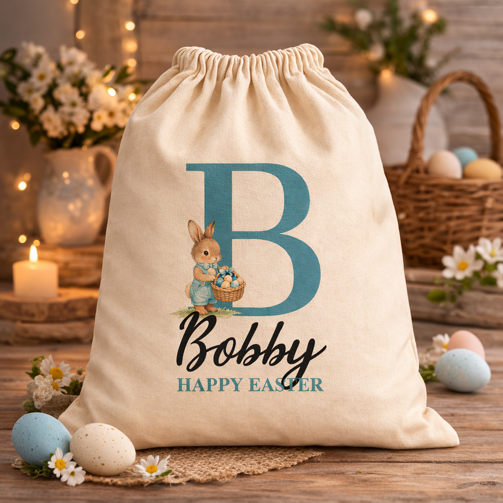 PERSONALISED Happy Easter Blue Initial & Name - Scripted Name in Black - Easter Gift