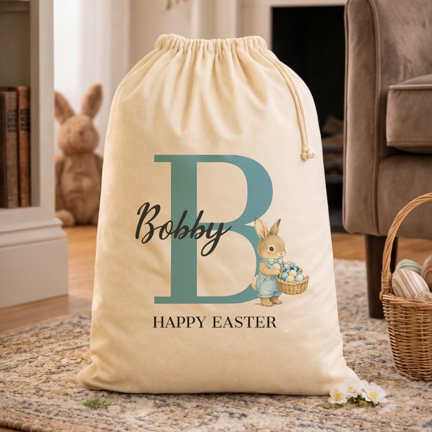 PERSONALISED Happy Easter Initial With Name & Blue Coat Bunny - Easter Gift