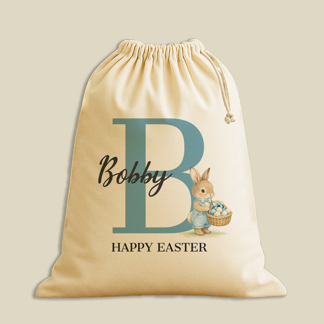 PERSONALISED Happy Easter Initial With Name & Blue Coat Bunny - Easter Gift