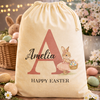 PERSONALISED Happy Easter Initial With Name & Pink Coat Bunny - Easter Gift