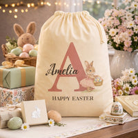 PERSONALISED Happy Easter Initial With Name & Pink Coat Bunny - Easter Gift