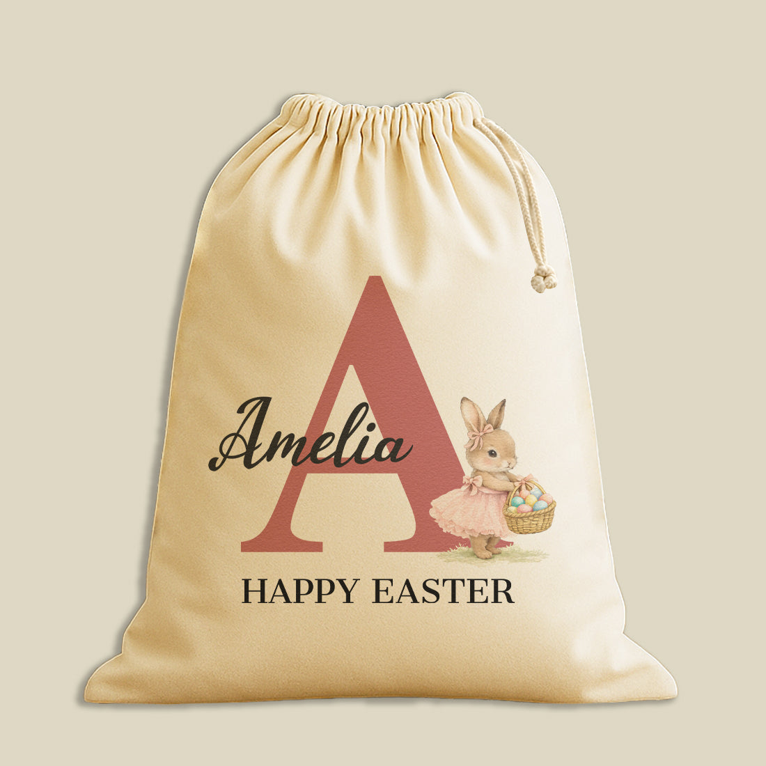 PERSONALISED Happy Easter Initial With Name & Pink Coat Bunny - Easter Gift