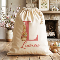 PERSONALISED Initial & Name - Pink Coat Bunny with Basket - Easter Gift