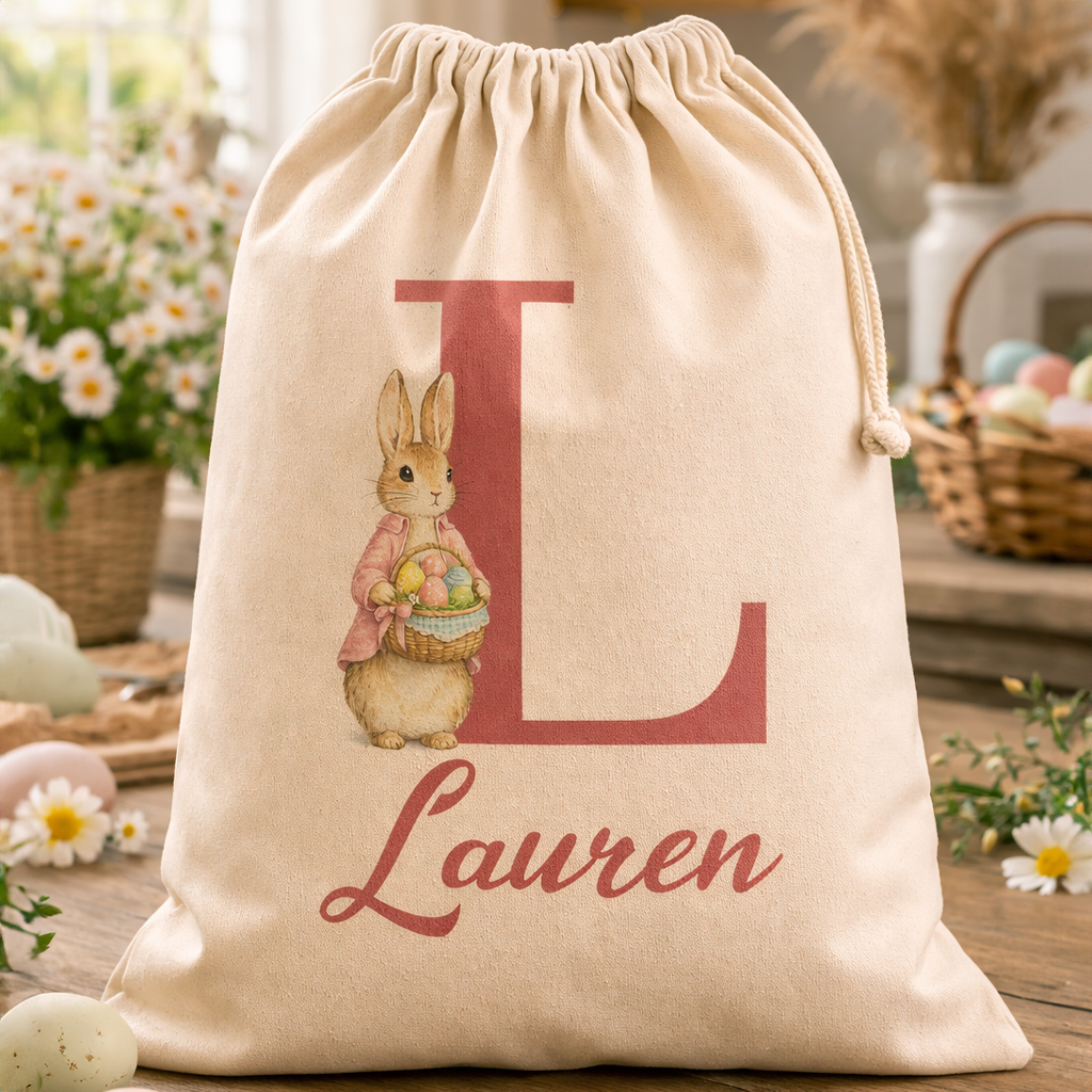 PERSONALISED Initial & Name - Pink Coat Bunny with Basket - Easter Gift