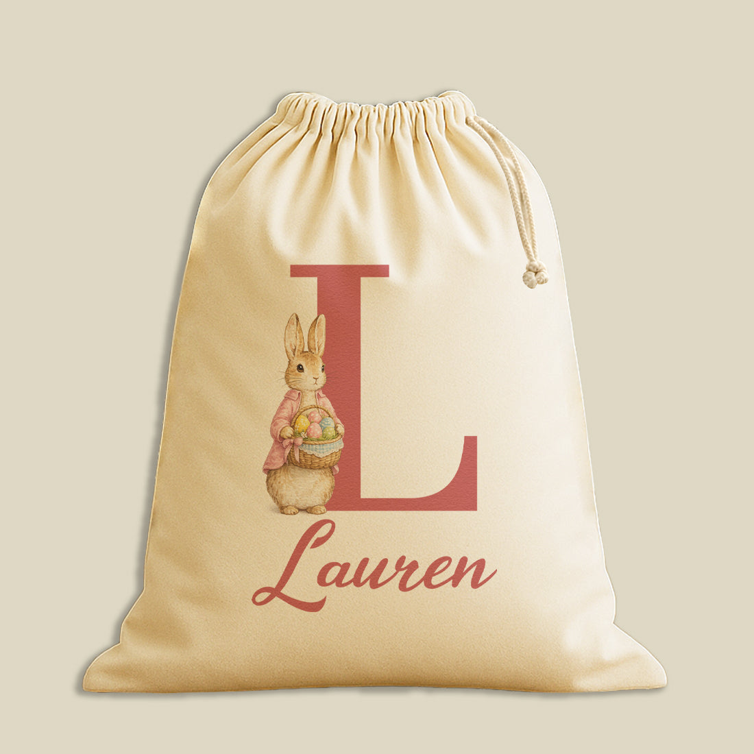 PERSONALISED Initial & Name - Pink Coat Bunny with Basket - Easter Gift