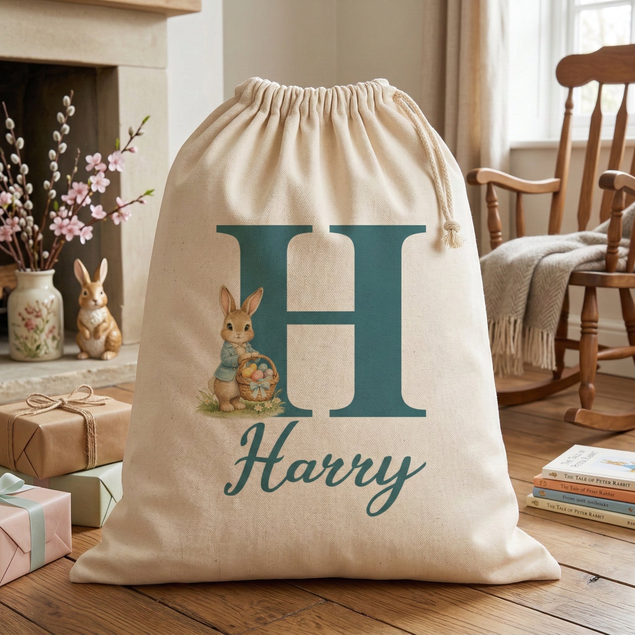 PERSONALISED Initial & Name - Blue Coat Bunny holding Basket - Easter Gift