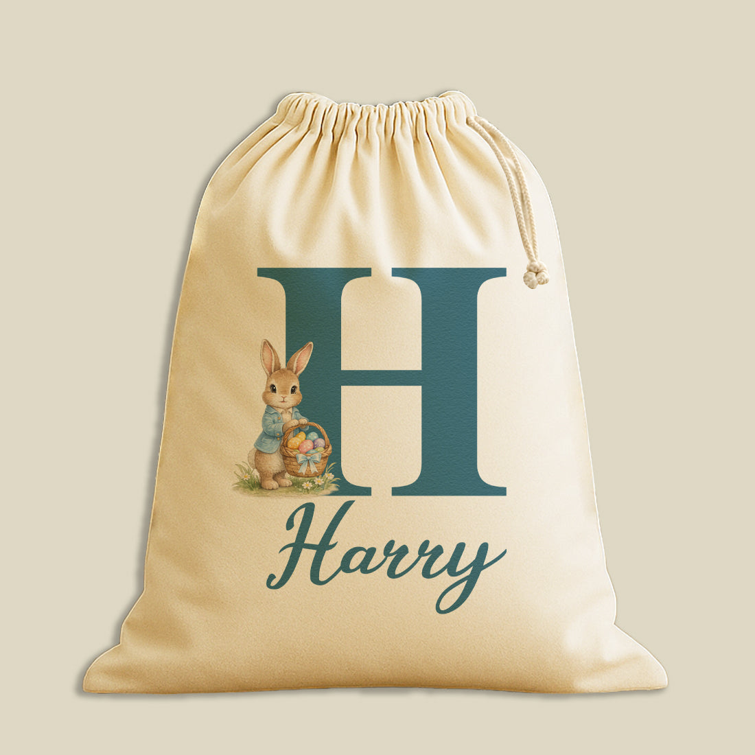 PERSONALISED Initial & Name - Blue Coat Bunny holding Basket - Easter Gift