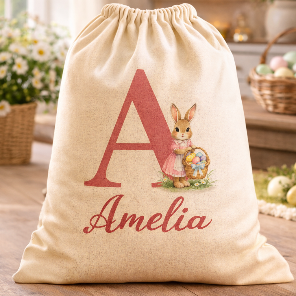 PERSONALISED Initial & Name - Pink Dress Bunny holding Basket - Easter Gift