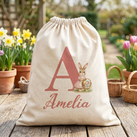 PERSONALISED Initial & Name - Pink Dress Bunny holding Basket - Easter Gift
