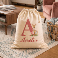 PERSONALISED Initial & Name - Pink Dress Bunny holding Basket - Easter Gift