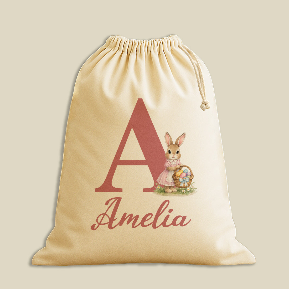 PERSONALISED Initial & Name - Pink Dress Bunny holding Basket - Easter Gift