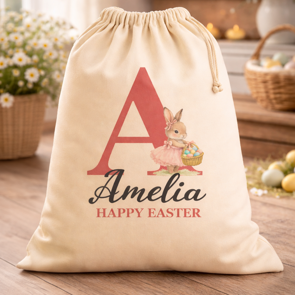 PERSONALISED Happy Easter Pink Initial & Name - Scripted Name in Black - Easter Gift