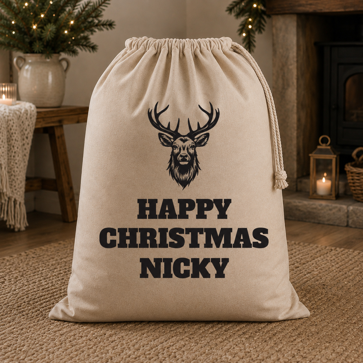 Personalised Reindeer Happy Christmas Name - Christmas Santa Sack