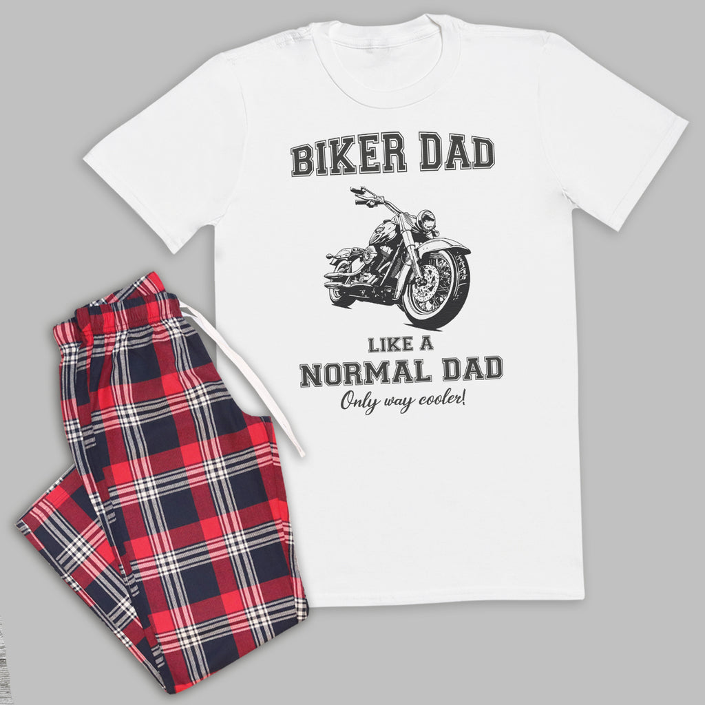Biker Dad Just Like A Normal Dad But Cooler - Pyjamas - Top & Tartan PJ Bottoms - Dad Pyjamas