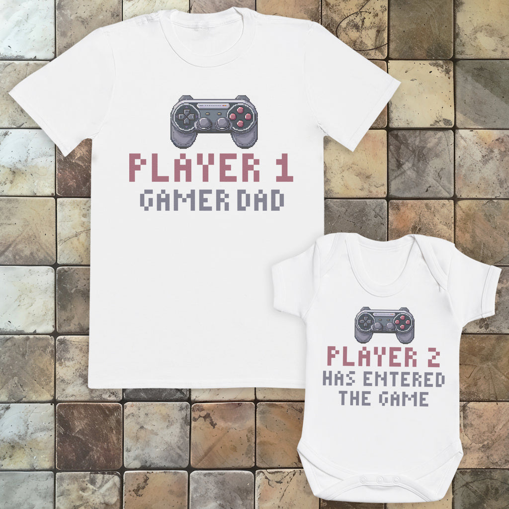Player 2 Has Entered The Game & Player 1 Gamer Dad - Baby / Kids T-Shirt & Men's T-Shirt - (Sold Separately)