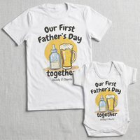 PERSONALISED Our First Father's Day Milk Bottle & Pint Glass - Baby / Kids T-Shirt & Men's T-Shirt - (Sold Separately)