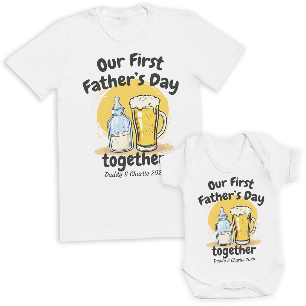 PERSONALISED Our First Father's Day Milk Bottle & Pint Glass - Baby / Kids T-Shirt & Men's T-Shirt - (Sold Separately)