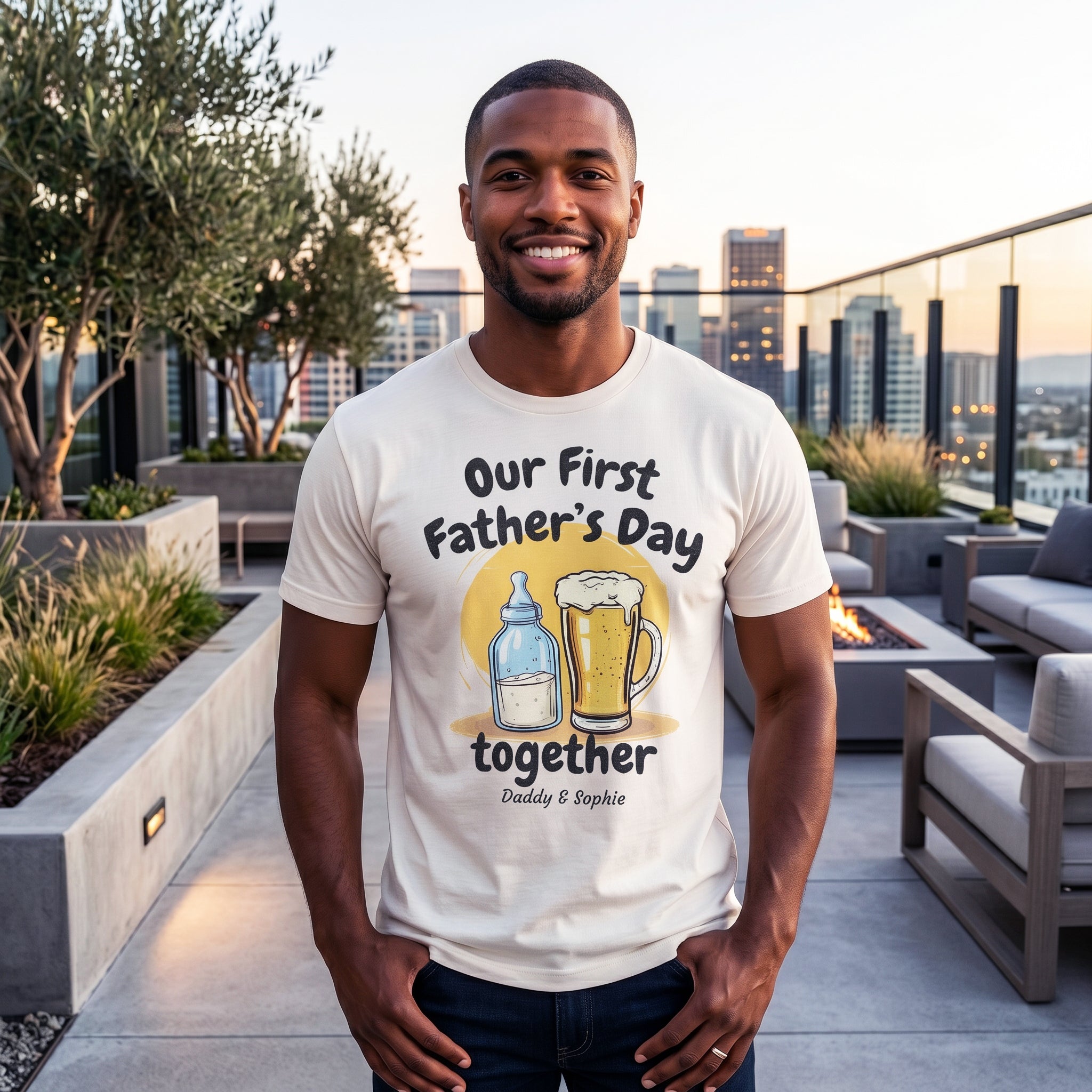 PERSONALISED Our First Father's Day Milk Bottle & Pint Glass - Baby / Kids T-Shirt & Men's T-Shirt - (Sold Separately)