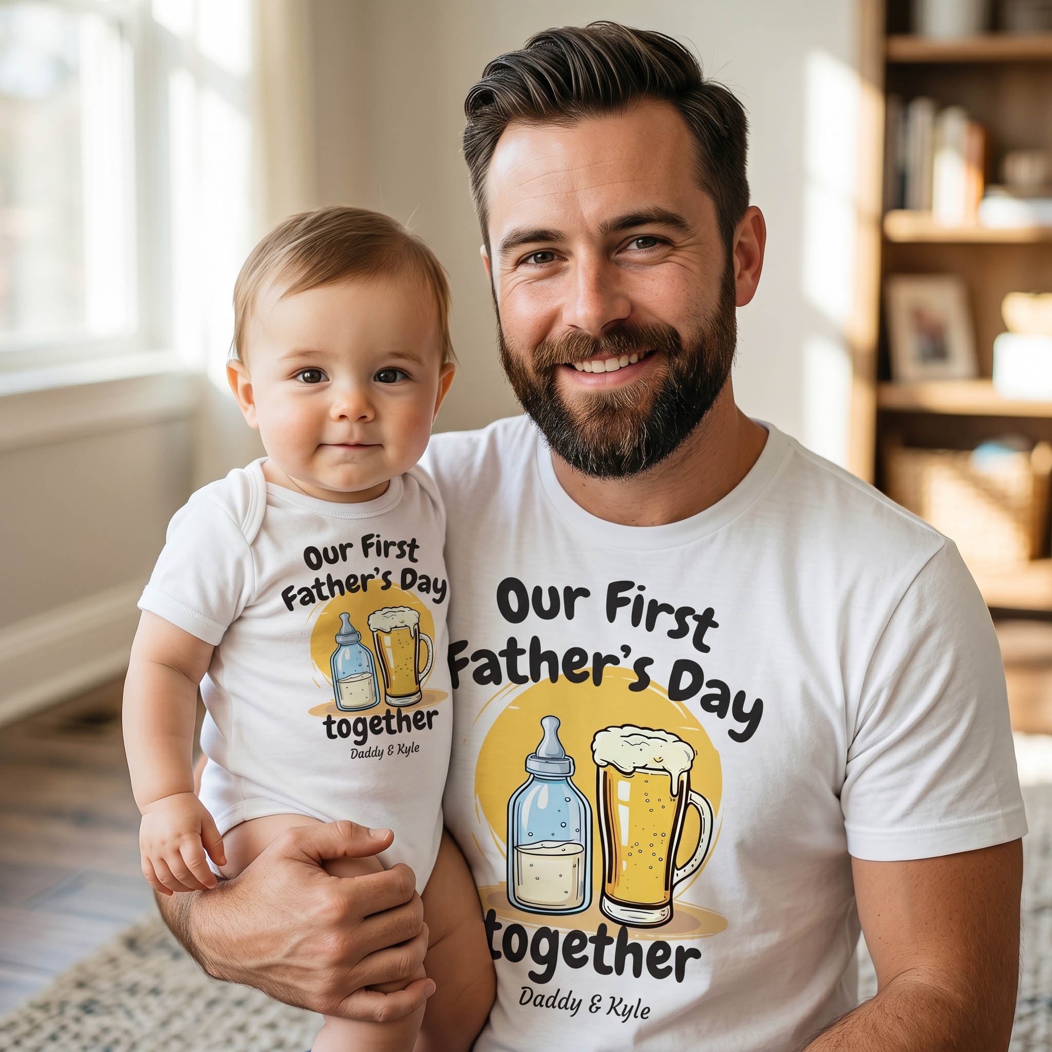 PERSONALISED Our First Father's Day Milk Bottle & Pint Glass - Baby / Kids T-Shirt & Men's T-Shirt - (Sold Separately)
