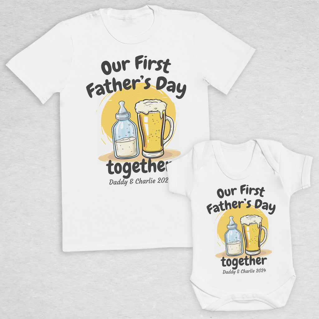 PERSONALISED Our First Father's Day Milk Bottle & Pint Glass - Baby / Kids T-Shirt & Men's T-Shirt - (Sold Separately)