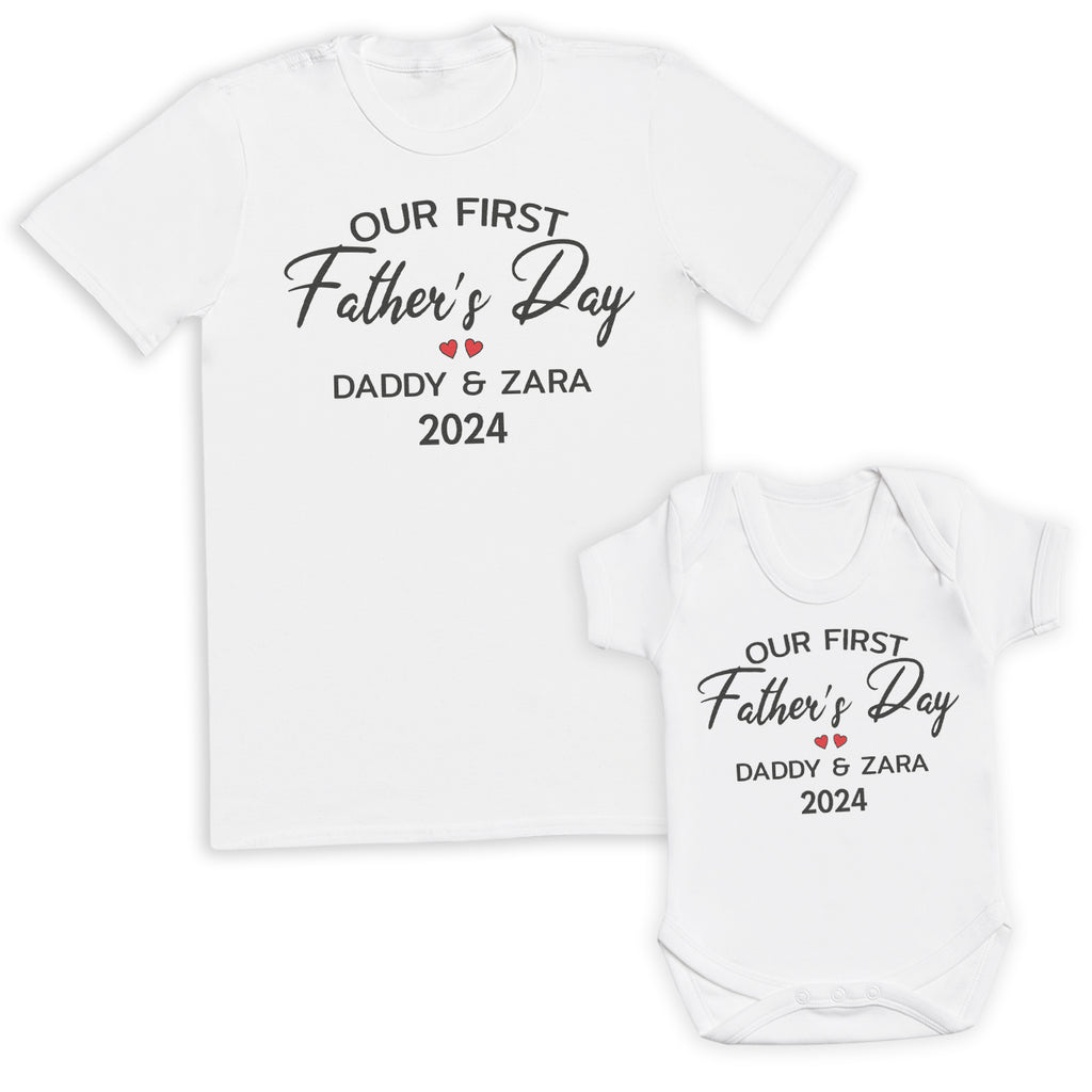 PERSONALISED Our First Father's Day Daddy and Name - Baby / Kids T-Shirt & Men's T-Shirt - (Sold Separately)