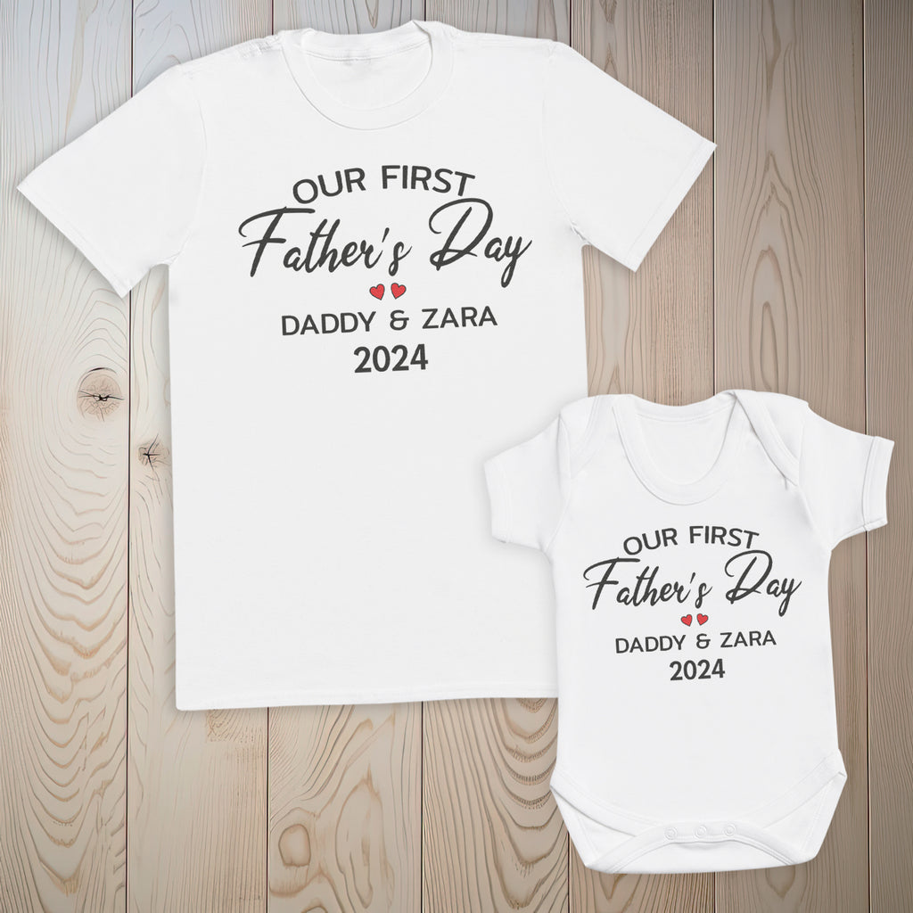 PERSONALISED Our First Father's Day Daddy and Name - Baby / Kids T-Shirt & Men's T-Shirt - (Sold Separately)