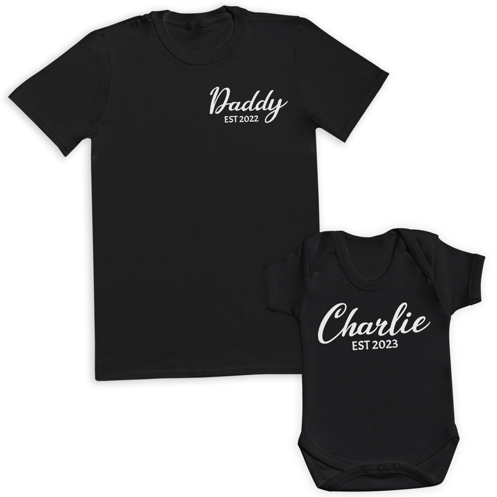 PERSONALISED Scripted Name Est & Daddy Est - Baby / Kids T-Shirt & Men's T-Shirt - (Sold Separately)