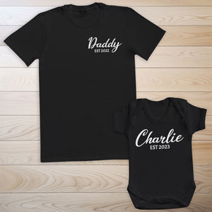 PERSONALISED Scripted Name Est & Daddy Est - Baby / Kids T-Shirt & Men's T-Shirt - (Sold Separately)