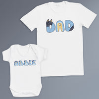 PERSONALISED Kids Name & Bluey Dad - Baby / Kids T-Shirt & Men's T-Shirt - (Sold Separately)