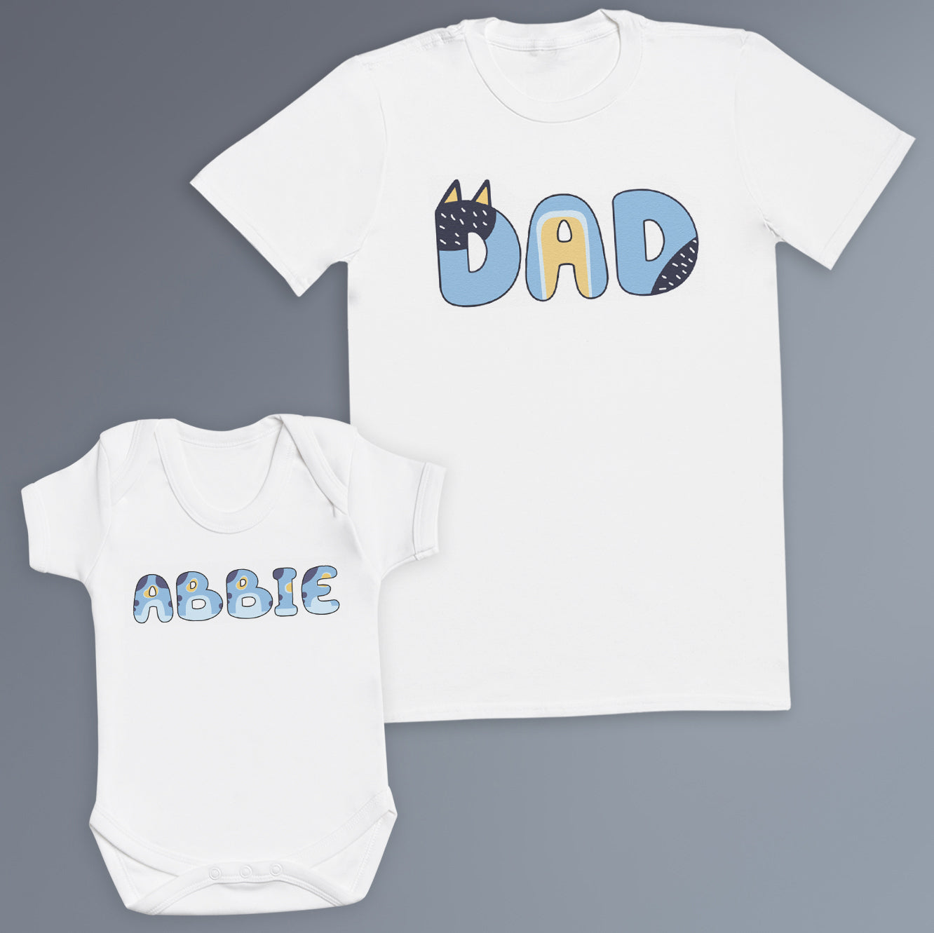 PERSONALISED Kids Name & Bluey Dad - Baby / Kids T-Shirt & Men's T-Shirt - (Sold Separately)