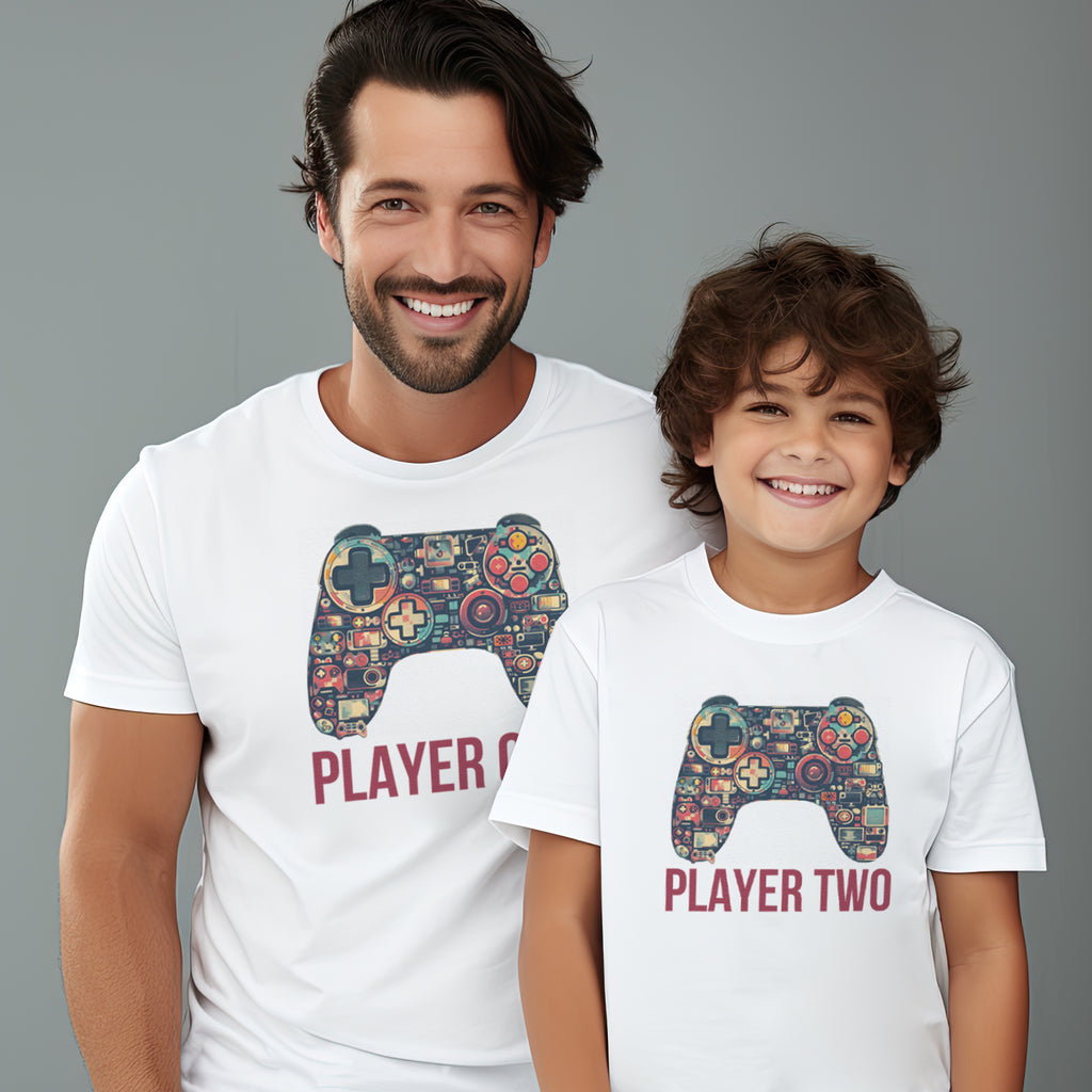 Retro Coloured Player One & Player Two - Baby / Kids T-Shirt & Men's T-Shirt - (Sold Separately)