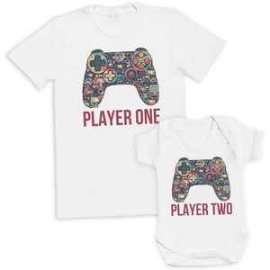 Retro Coloured Player One & Player Two - Baby / Kids T-Shirt & Men's T-Shirt - (Sold Separately)