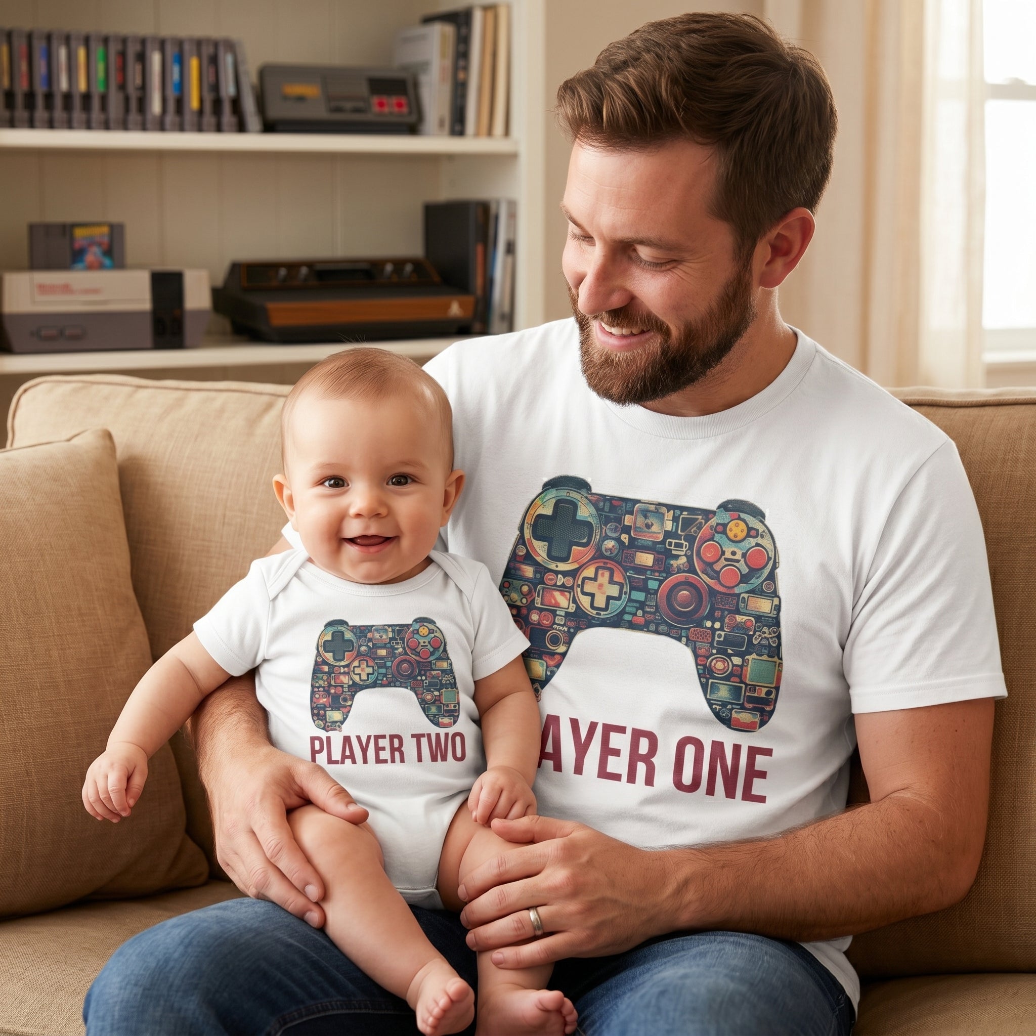 Retro Coloured Player One & Player Two - Baby / Kids T-Shirt & Men's T-Shirt - (Sold Separately)