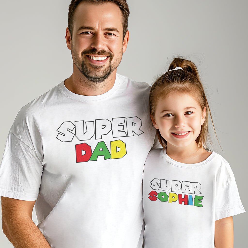 PERSONALISED Super Name & Super Dad - Baby / Kids T-Shirt & Men's T-Shirt - (Sold Separately)