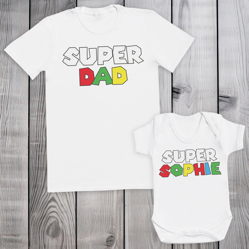 PERSONALISED Super Name & Super Dad - Baby / Kids T-Shirt & Men's T-Shirt - (Sold Separately)