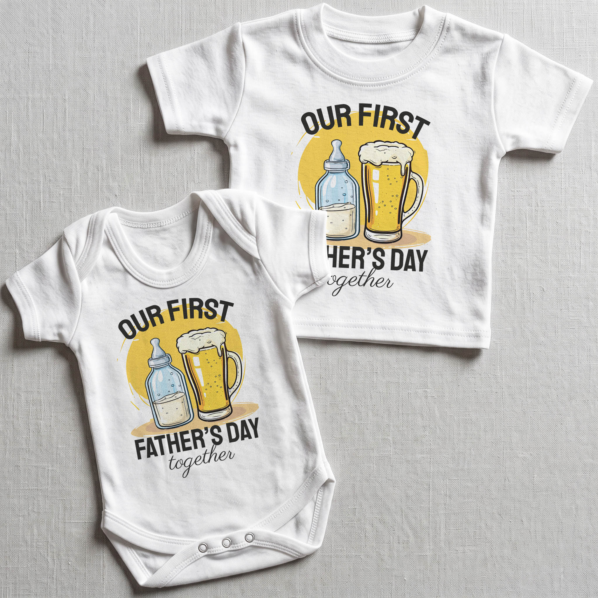 PERSONALISED Our First Father's Day Milk Bottle & Pint Glass - Baby / Kids T-Shirt & T-Shirt - (Sold Separately)